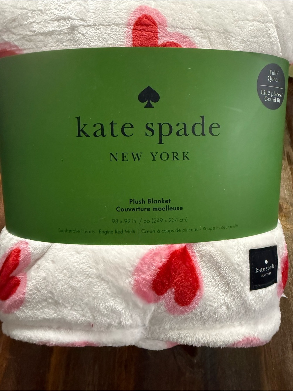 kate spade Brushstroke Hearts Plush Blanket Full Queen 98x92 Red Pink NWT